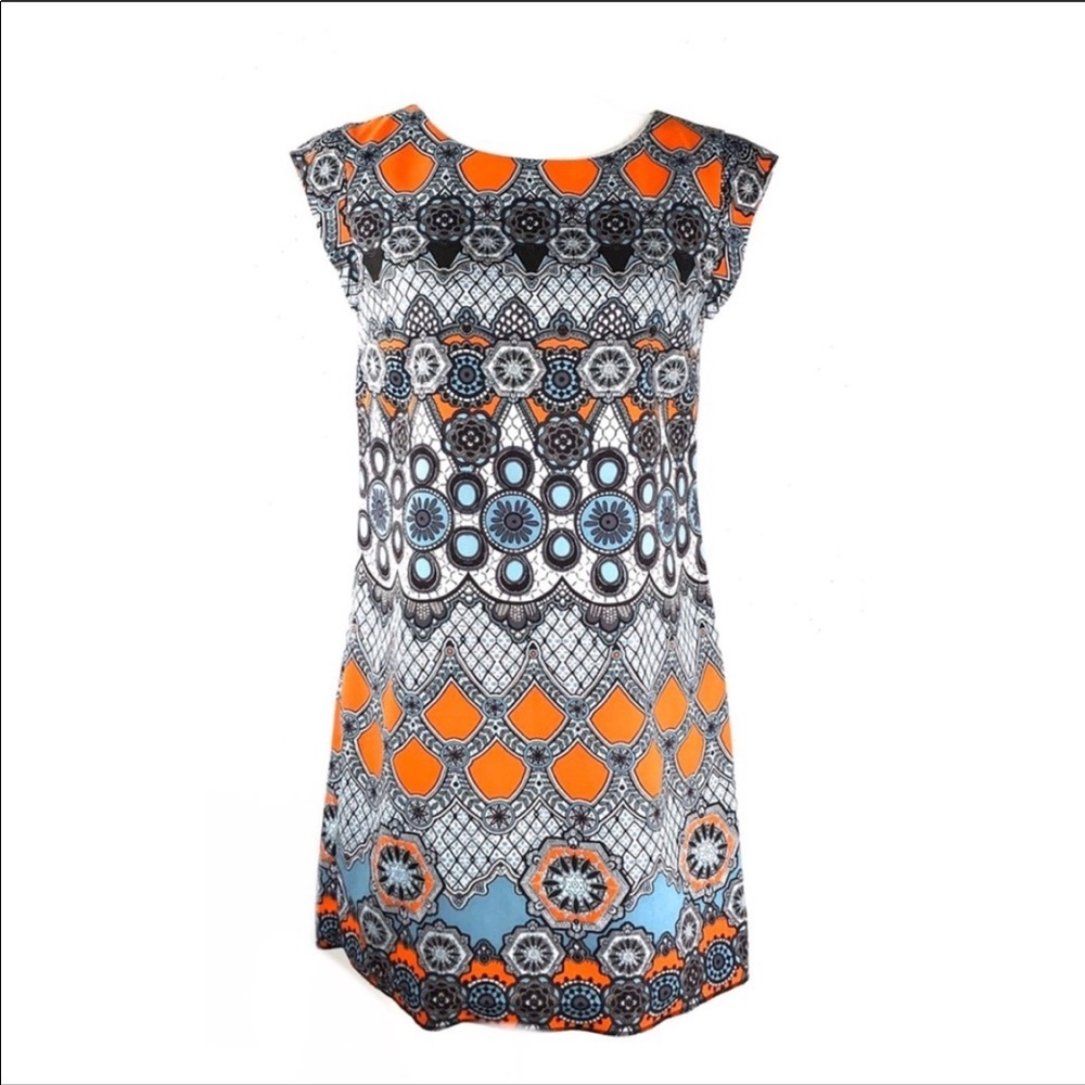 Banana Republic Geometric Tile Medallion Shift Dress - Orange & Blue - Size 2